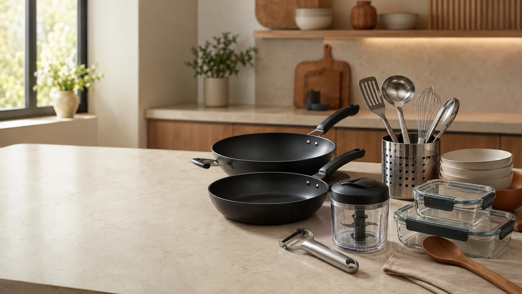 A curated collection of pans, bowls, utensils and food containers on a warm kitchen surface